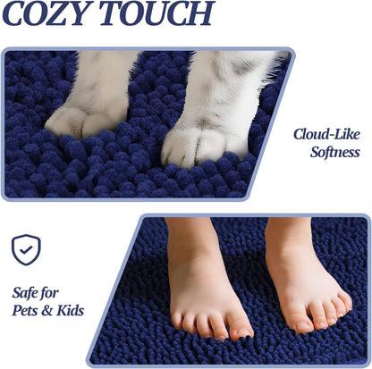 Ultra-Absorbent Muddy Paw Door Mat – Waterproof Chenille Dog Rug with Non-Slip Backing, Dirt Trapper for Entryway, 31" × 20", Navy Blue