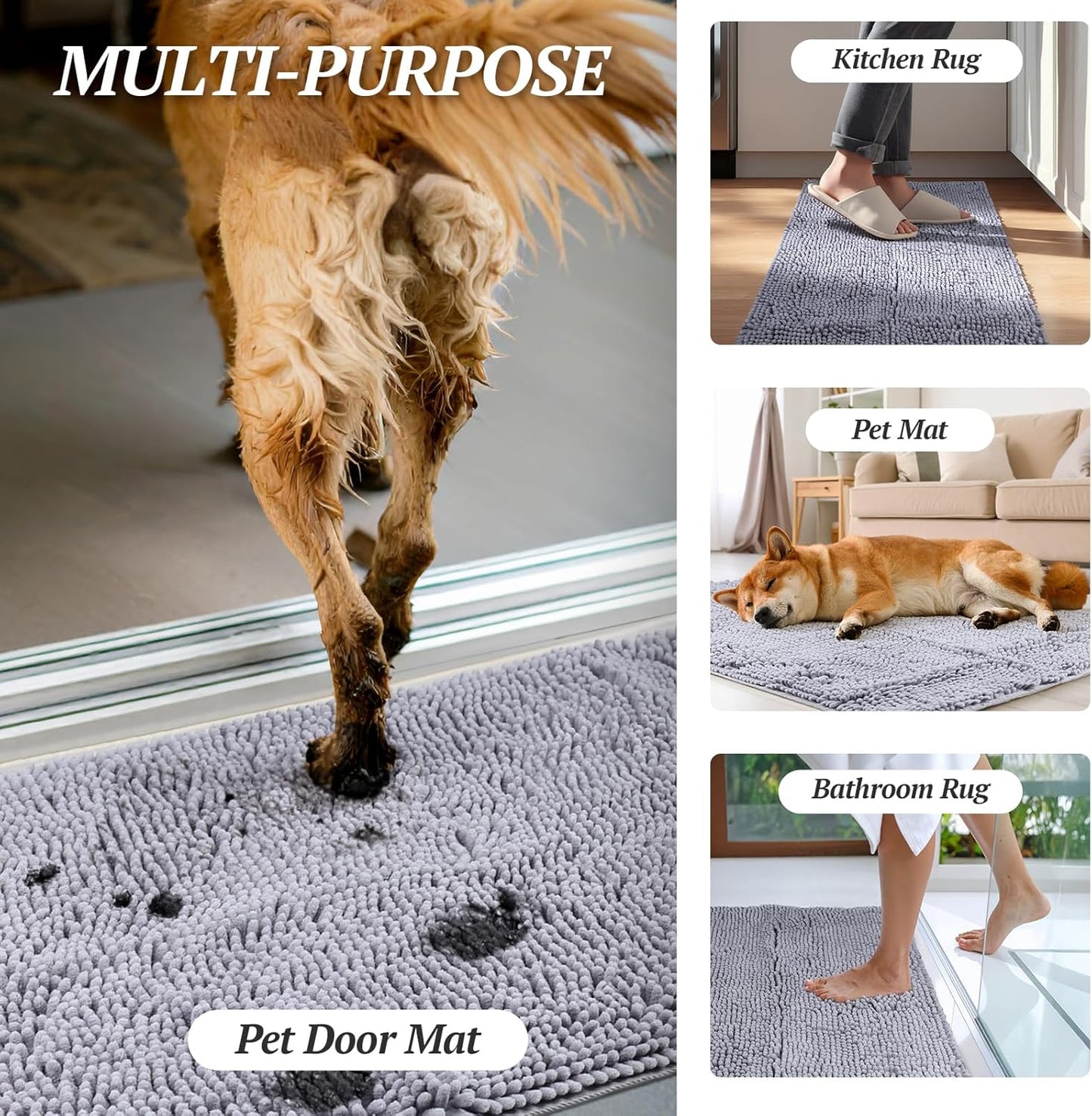 Ultra-Absorbent Muddy Paw Door Mat – Waterproof Chenille Dog Rug with Non-Slip Backing, Dirt Trapper for Entryway, 31" × 20", Navy Blue