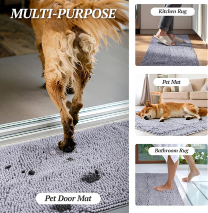 Ultra-Absorbent Muddy Paw Door Mat – Waterproof Chenille Dog Rug with Non-Slip Backing, Dirt Trapper for Entryway, 31" × 20", Navy Blue